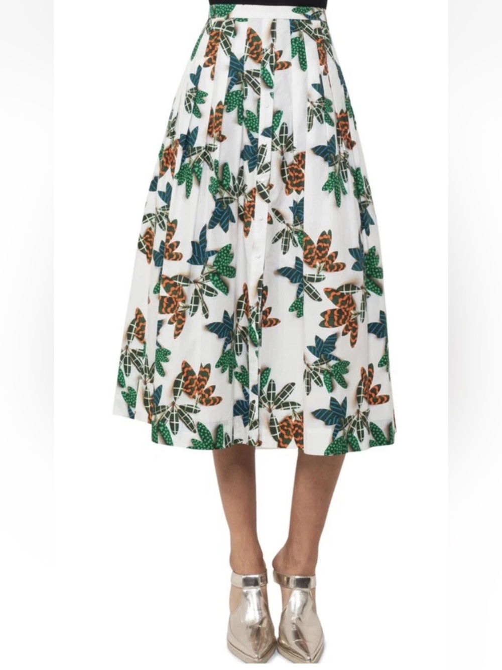 Akris Punto Tropical Leaf Print Button-Front Pleated A-Line Midi Skirt